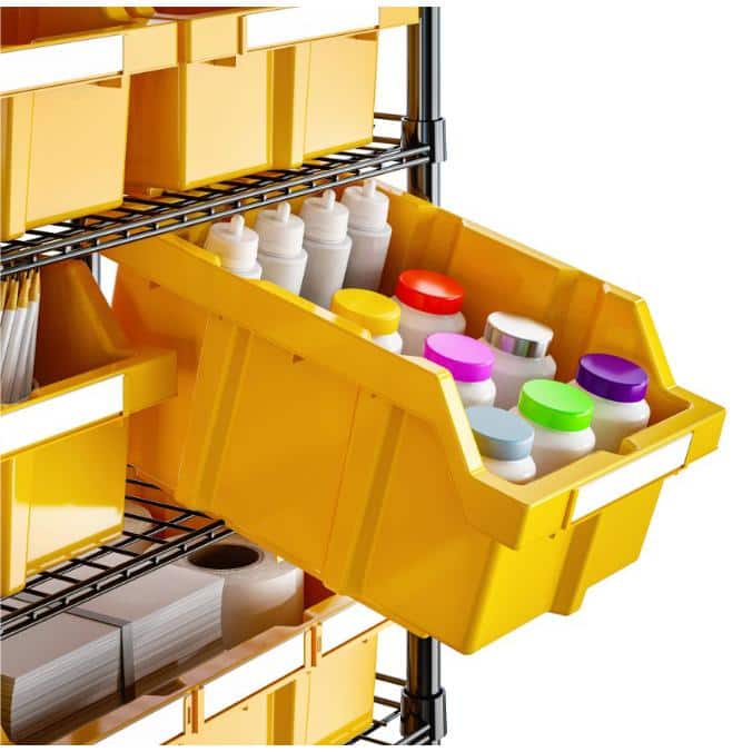 63.5" Black Steel 8-Tier Storage Rack with Yellow Bins