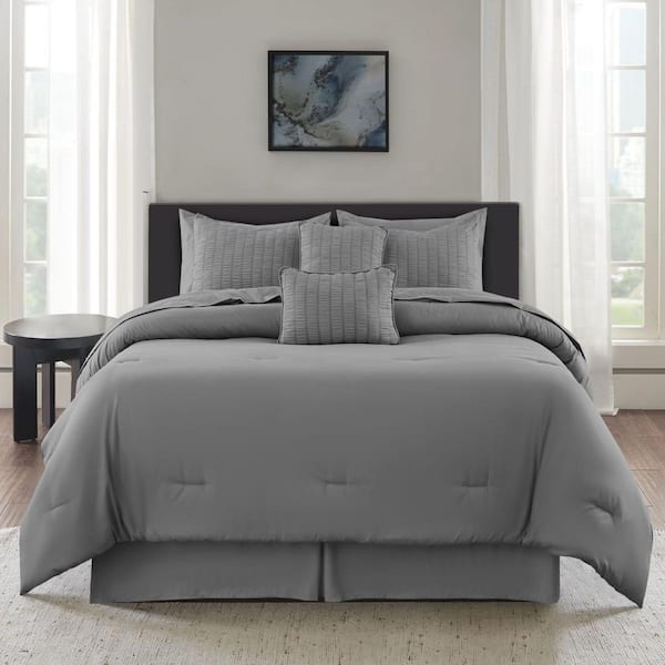 LDC LUX DECOR COLLECTION 10-Piece Grey Solid Color Microfiber King Bed in a Bag