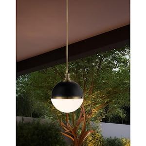 Vorey 100-Watt 1-Light Black and Oxidized Aged Brass Shaded Pendant Light with Etched Opal Glass Shade