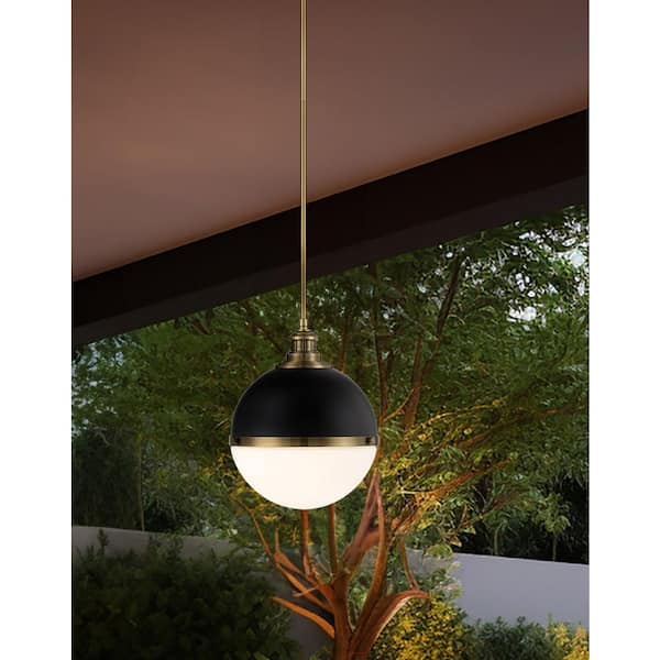 Vorey 100-Watt 1-Light Black and Oxidized Aged Brass Shaded Pendant Light with Etched Opal Glass Shade