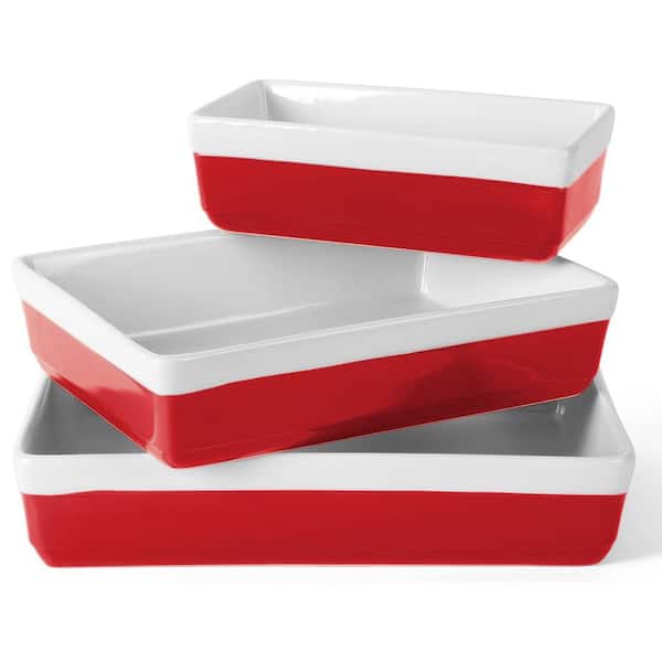 MARTHA STEWART 3-Piece Rectangular Stoneware Nesting Baker Set in Red