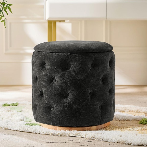 Tiffany Black Polyester Round Ottoman with 360-degree Swivel Solid Wood Base