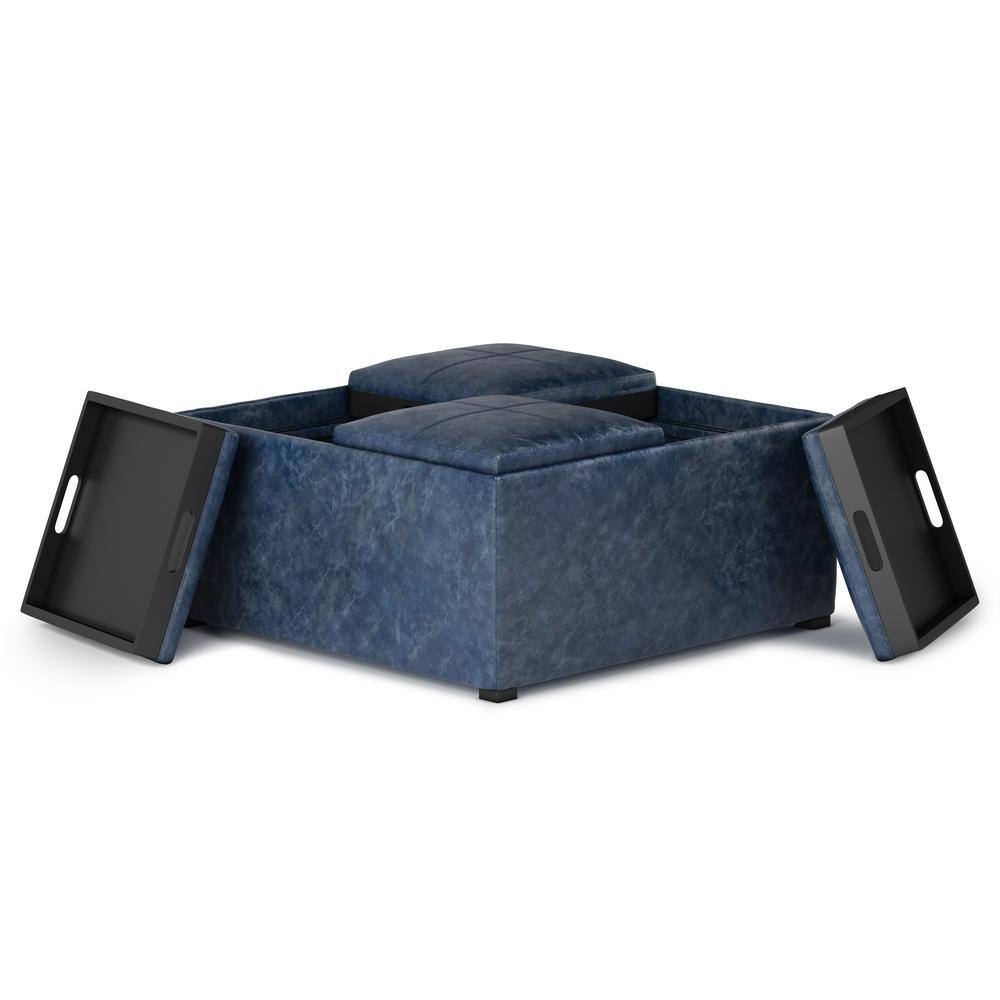 Avalon Denim Blue Square Storage Ottoman with Flip Trays