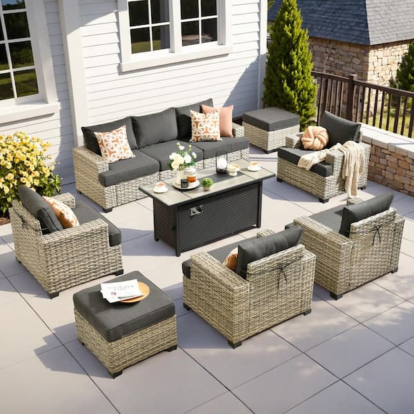 Kelleys 10-Piece Wicker Modern Outdoor Patio Conversation Sofa Seating Set with a Metal Fire Pit and Black Cushions