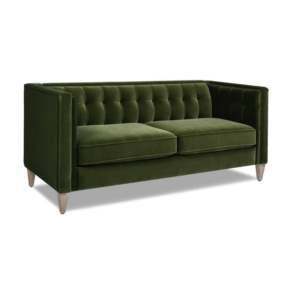 James 74" Olive Green Velvet Tuxedo Sofa with Wood Legs