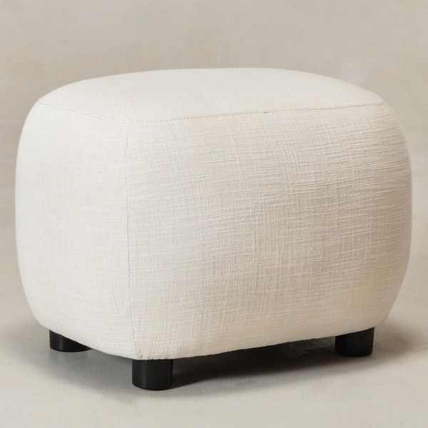 Ivory Linen Blend Upholstered Footrest Round Ottoman (Chair Not Included)