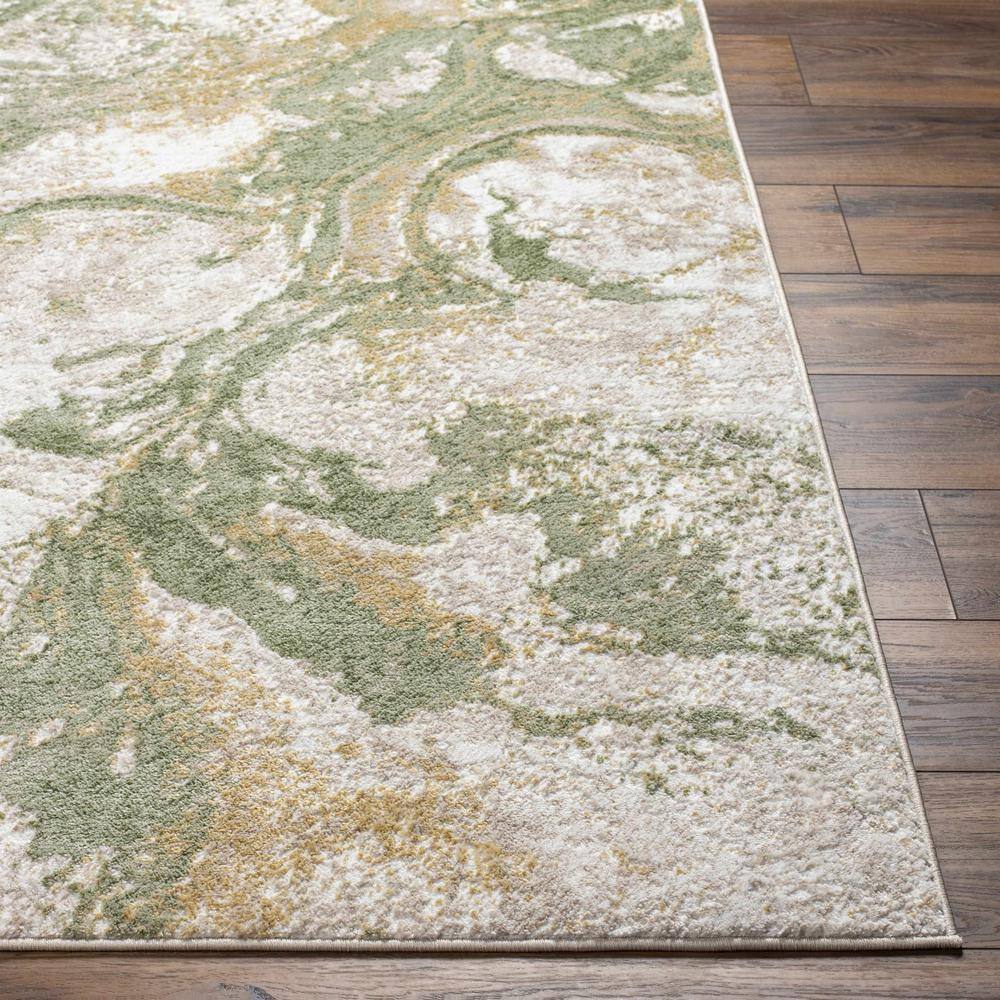 Green and Cream Abstract Polypropylene Area Rug 6'7" x 9'