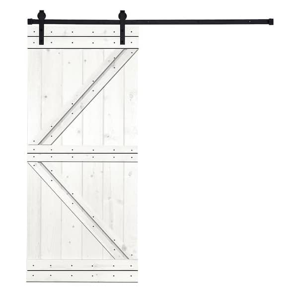 38 in. x 84 in. Modern K-Bar Series Simply White Stained Knotty Pine Wood DIY Sliding Barn Door with Hardware Kit