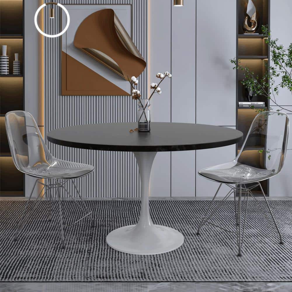Verve Black Round MDF Dining Table with White Steel Pedestal Base