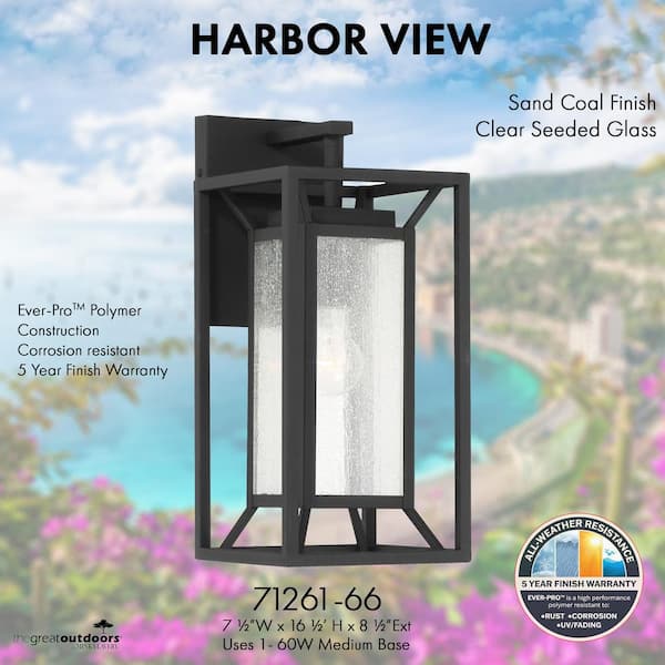 Harbor View 1-Light Sand Black Outdoor Wall Lantern Sconce with Clear Seeded Glass
