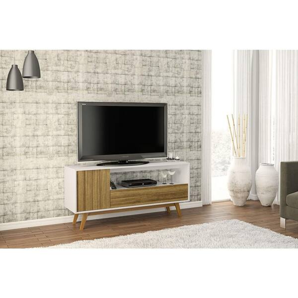 59 in. White and Walnut Composite TV Stand with 1 Drawer Fits TVs