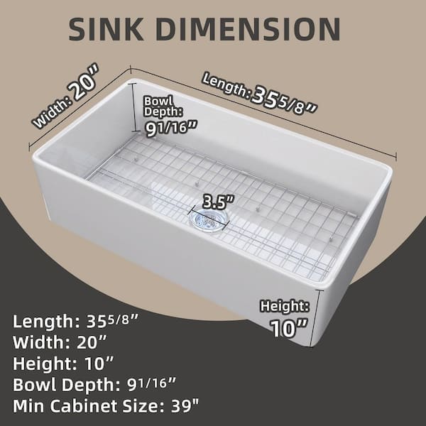 ふ*ぐ TUKTUK White Farmhouse Sink 36 inch Fireclay Farm Sink Apron