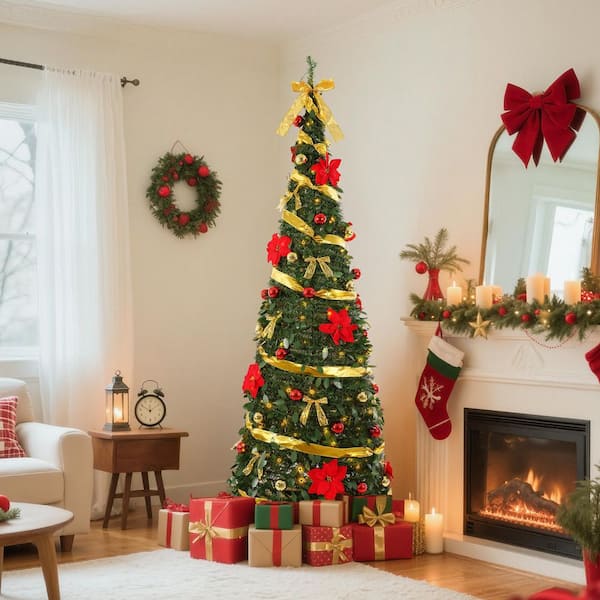 6 ft. Fully Decorated Pre-Lit Pop Up Artificial Christmas Tree with 200 LED Lights and Red/Golden Ornaments