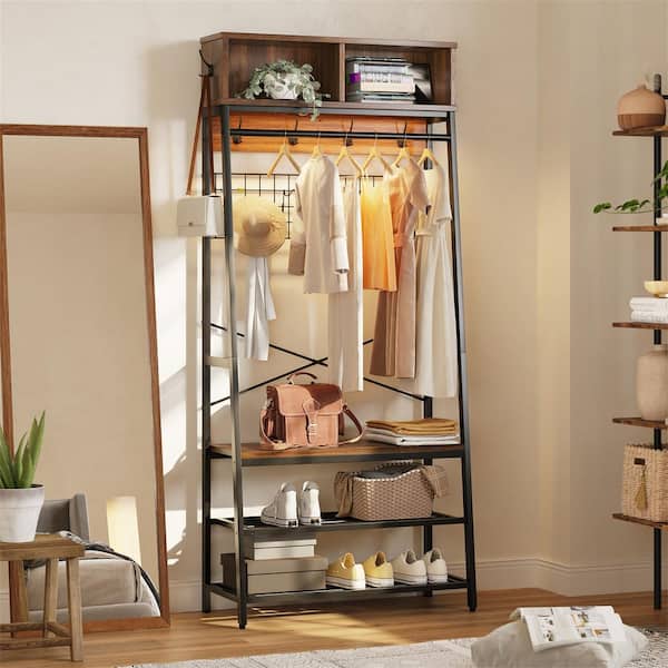 Bestier Walnut Multi-Functional Hall Tree and Coat Rack Combo with LED Light, Hook, Shoe Rack and Bench