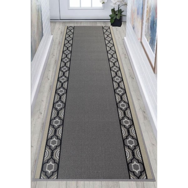Trellis Border Design Gray 31.5 in. Width x 28 ft. Length Slip-Resistant Runner Rug