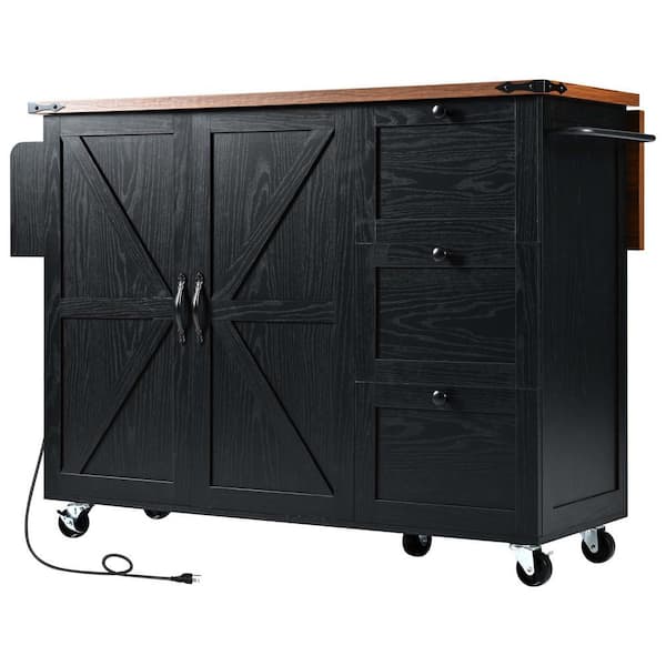 Black 54.5 in. Outdoor Kitchen Island Kitchen Storage Island with Power Outlet, Spice Rack, Rolling Grill Cart on Wheels