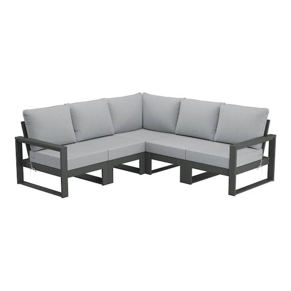 Endless Gray Frame 5-Piece HDPE Plastic Outdoor Patio Modular Sectional Set with Light Gray Cushions