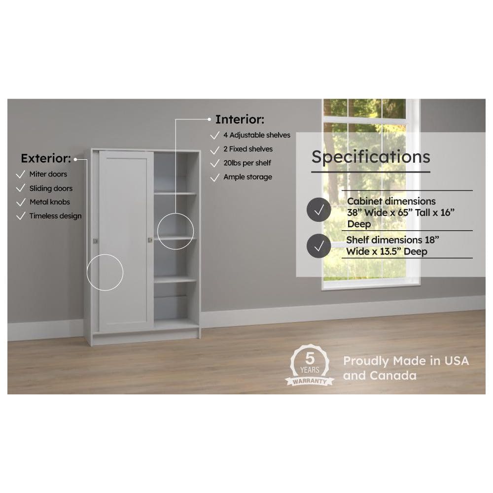 Elite Plus White 65 in. Accent Cabinet Office Storage Cabinet with 4 Adjustable Shelves and Sliding Doors