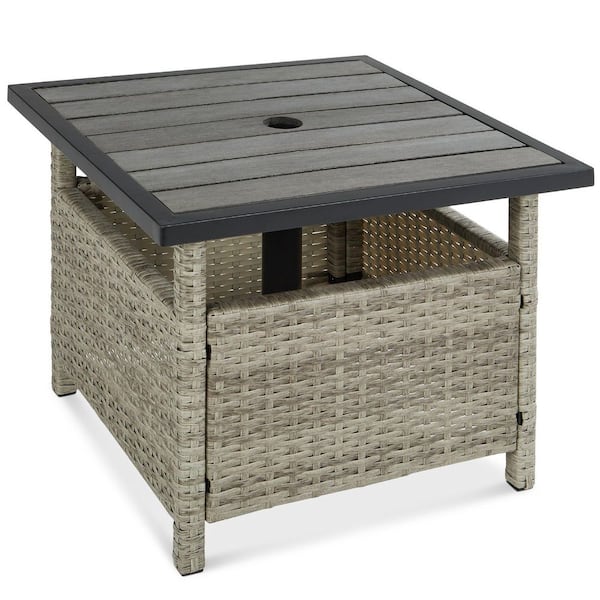 Unbranded Gray Square Wicker Outdoor Side Table with Umbrella Hole