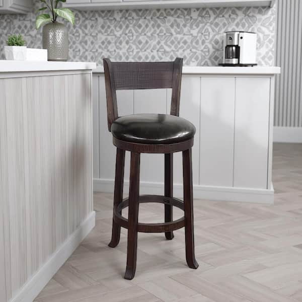 Benjara Flint Swivel Brown and Black Wood Frame Barstool Chair Flint Swivel with Cushion (Set of 2)