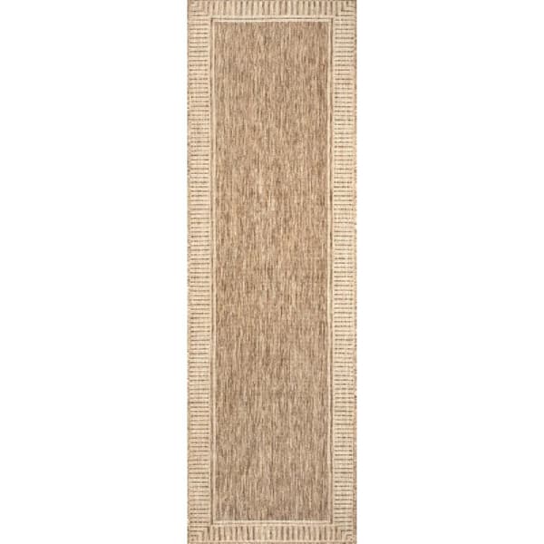 Light Brown 2 ft. x 10 ft. Striped Border Flatweave Outdoor Area Rug