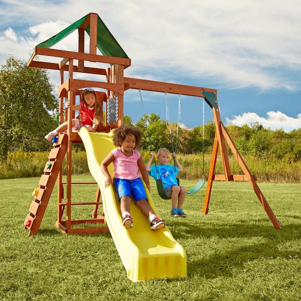 Swing-N-Slide Playsets Scrambler Deluxe Complete Wooden Outdoor Playset with Slide, Rock Wall, Swings and Backyard Swing Set Accessory
