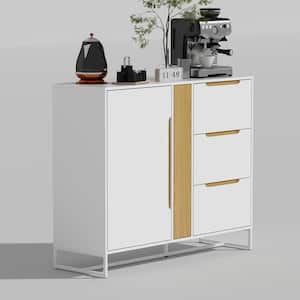 White 39.6 in. Height Wooden Storage Cabinet, Food Pantry, Sideboard with 4-Drawers, Glass Rack and 3-Shelves
