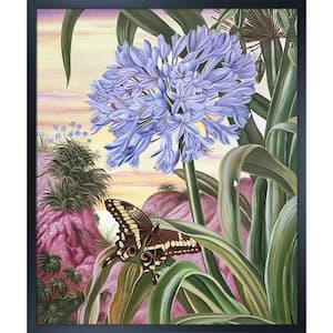 21.5 in. x 25.5 in. Blue Lily and Large Butterfly by Marianne North Studio Black Wood Framed Nature Painting Art Print