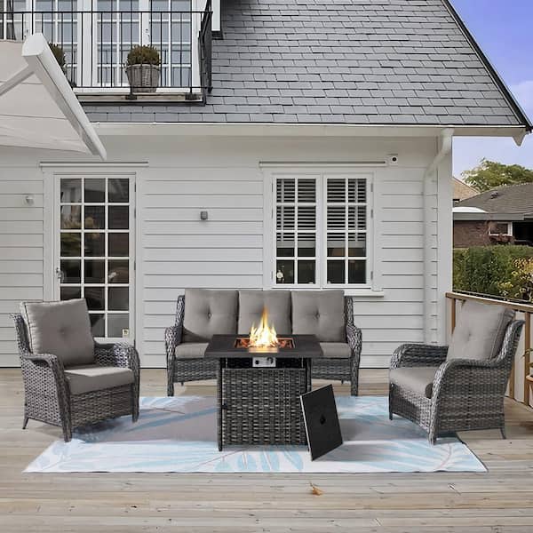 Gymojoy Carolina 4-Piece Wicker Patio Fire Pit Sectional Seating Set with Cushions