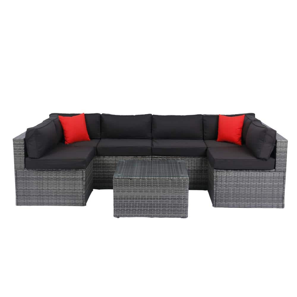 5 Pieces Grey Wicker Patio Conversation Set Furniture Sofa Set with 2 Pillo