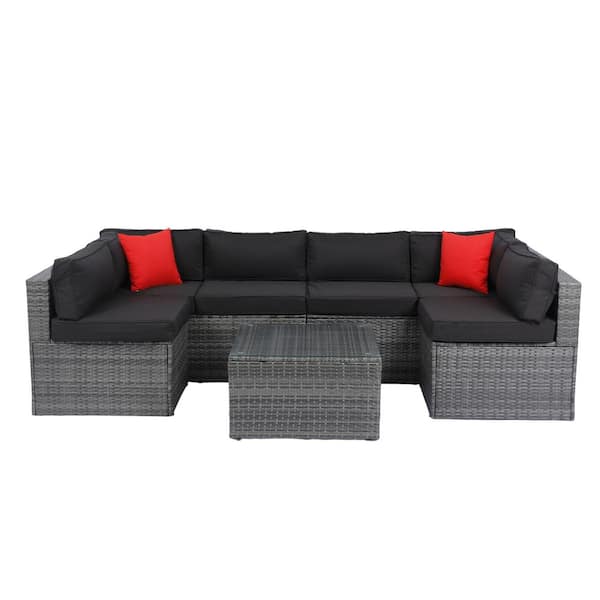 Unbranded 5 Pieces Grey Wicker Patio Conversation Set Furniture Sofa Set with 2 Pillow Black Cushions and Table for Garden