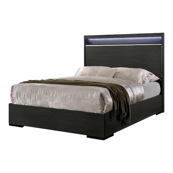 Furniture of America Magda Gray Wood Frame Queen Panel Bed with Lighted Headboard