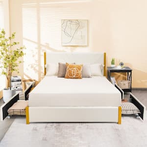 Beige Wooden Upholstered Bed Frame Queen Size Platform Bed with Adjustable Headboard and 4-Drawers, Not Need Box Spring