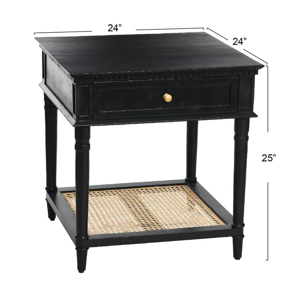 Black Wood End Table with Cane Shelf and Storage