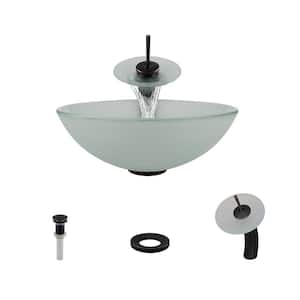 Glass Vessel Sink in Frost with Waterfall Faucet and Pop-Up Drain in Antique Bronze