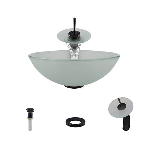 MR Direct Glass Vessel Sink in Frost with Waterfall Faucet and Pop-Up Drain in Antique Bronze