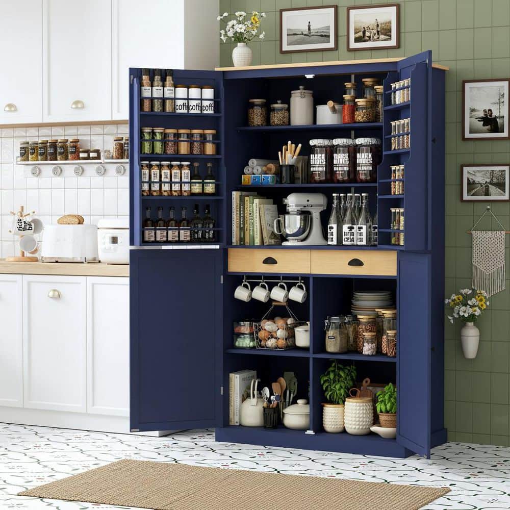 40.2 in. W x 20 in. D x 71.3 in. H MDF Ready to Assemble Kitchen Cabinet Kitchen Pantry in Blue with 2-Drawer price history on PriceWatchPro