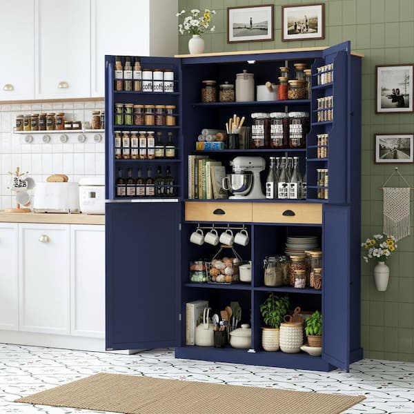 40.2 in. W x 20 in. D x 71.3 in. H MDF Ready to Assemble Kitchen Cabinet Kitchen Pantry in Blue with 2-Drawer