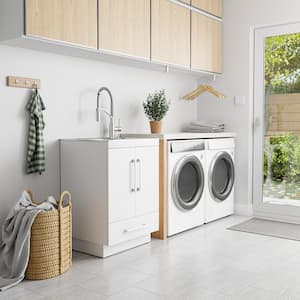 All-In-One Stainless Steel 24 in Laundry Sink with Faucet and Storage Cabinet in White