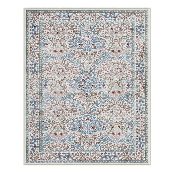 Boho Floral Botanical Washable Non Slip Beige 8 ft. x 10 ft. Living Room Bedroom Area Rug