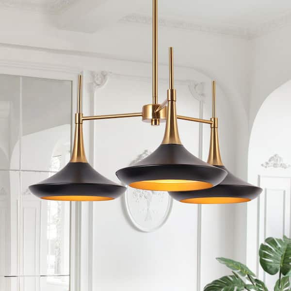 Mid-Century Island Chandelier Modern 3-Light Black and Brass Dining Room Hanging Pendant Light with Bell Metal Shades