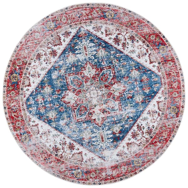 SAFAVIEH Tucson Blue/Red 7 ft. x 7 ft. Machine Washable Distressed Ornate Border Round Area Rug