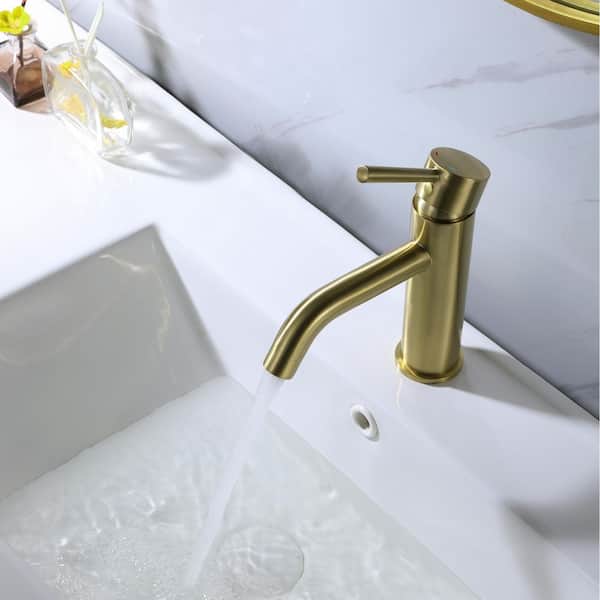 Single-Hole Level Single-Handle Deck Mount Bathroom Faucet with Round Shape in Brushed Gold 1Pack