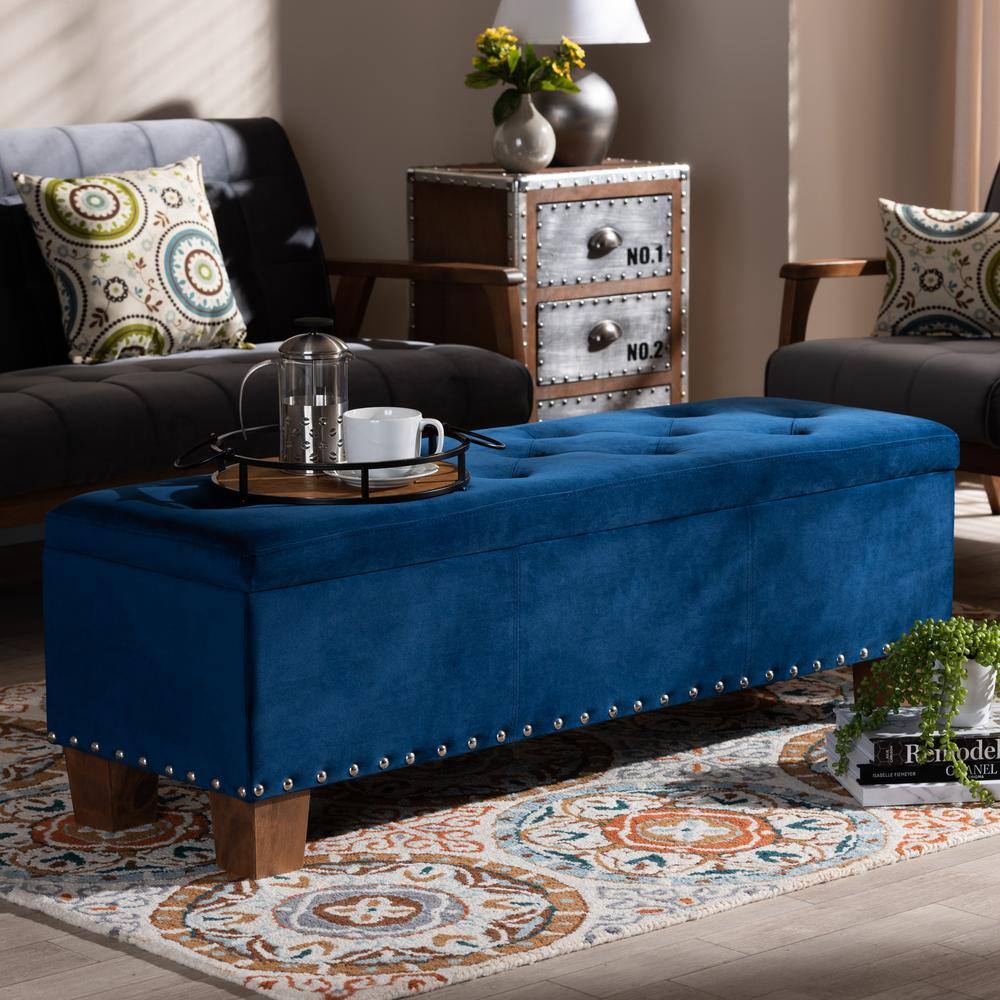 Elegant Navy Blue Velvet Tufted Storage Ottoman Bench with Silver Accents