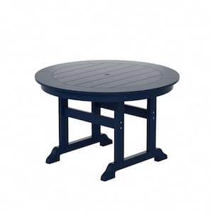 Hayes 47 in. All Weather HDPE Plastic Round Outdoor Dining Trestle Table with Umbrella Hole in Navy Blue