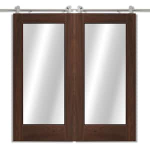 40 in. x 83 in. KEMPSY Knotty Alder Modern Double Barn Door with Sliding Barn Door Brushed Nickle Hardware Kit
