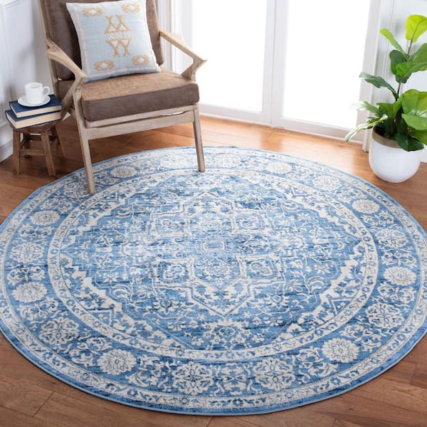 Brentwood Ivory/Navy 10 ft. x 10 ft. Distressed Border Medallion Round Area Rug