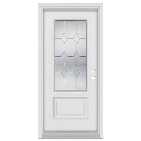 Stanley Doors 36 in. x 80 in. Geometric Left-Hand Brass Finished Fiberglass Mahogany Woodgrain Prehung Front Door