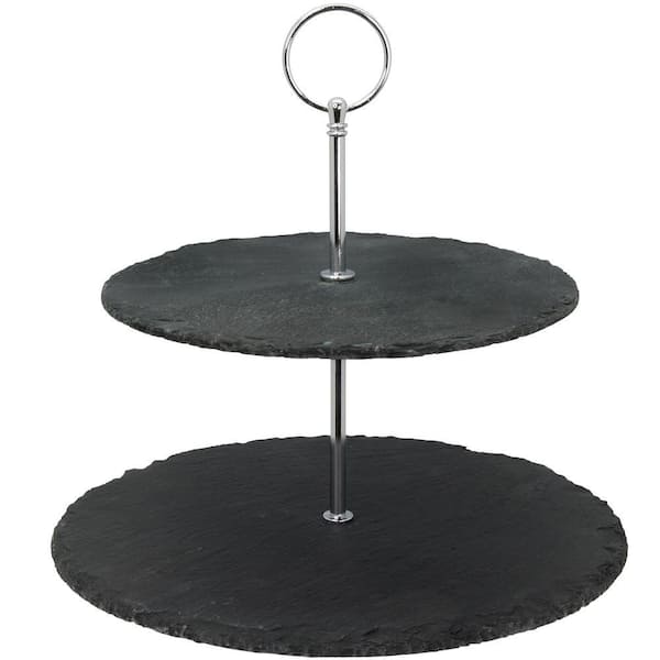 2-Tier Black Natural Slate Cake Stand Dessert Serving Plate Party Food Server