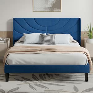 Upholstered Bed Blue Metal Frame Queen Platform Bed with Fabric Headboard, Wooden Slats Support